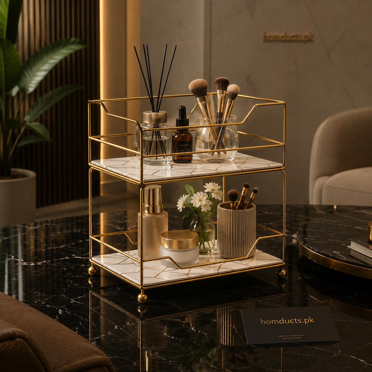 Luxury 2-Tier Gold Vanity Organizer Rack for Bathroom Countertop & Makeup Storage Display Shelf