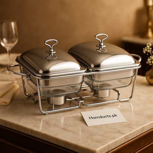 Double Stainless Steel Chafing Dish Set – Dual Food Warmer With Glass Containers & Stand | Homducts.pk
