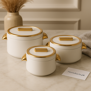 Luxury White & Gold Insulated Hotpot Set – 3pcs Premium Food Warmer (1000ml, 2000ml, 3500ml)