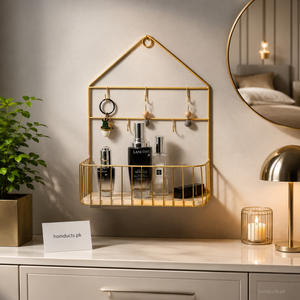 Luxury Nordic Wall Mounted Organizer Shelf With Hooks & Storage Basket For Vanity, Bedroom & Entryway