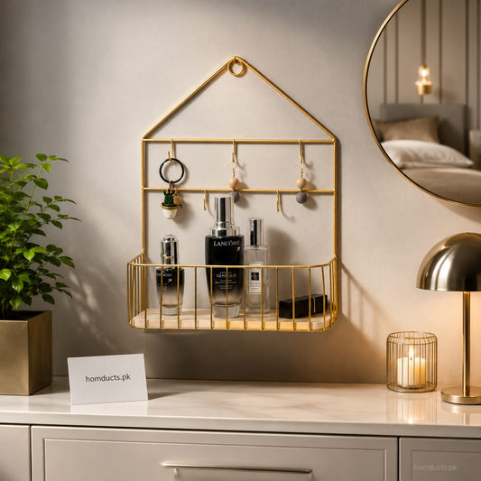 Luxury Nordic Wall Mounted Organizer Shelf With Hooks & Storage Basket For Vanity, Bedroom & Entryway