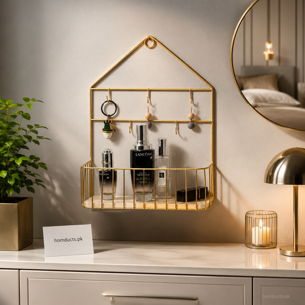 Luxury Nordic Wall Mounted Organizer Shelf With Hooks & Storage Basket For Vanity, Bedroom & Entryway
