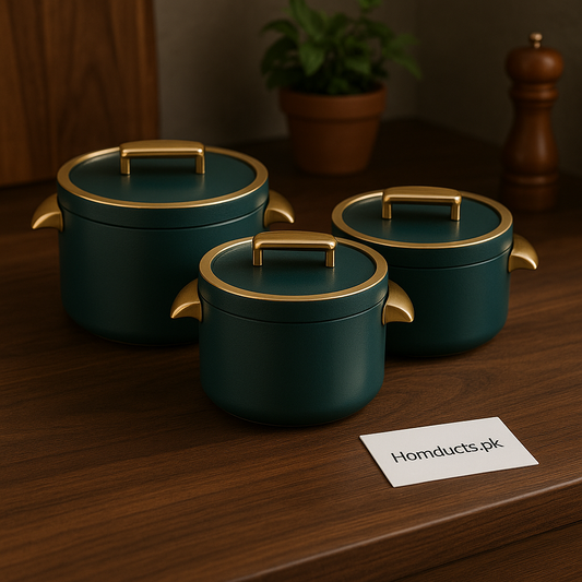 Premium 3-Piece Insulated Hotpot Set – 1000ml, 2000ml, 3500ml | Luxury Green & Gold Food Server Collection