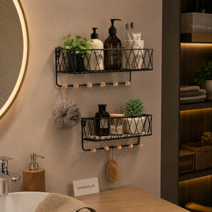Luxury Nordic Wall Basket Shelf with Wooden Hooks – Modern Metal Storage Organizer Rack for Bathroom, Kitchen & Home Décor