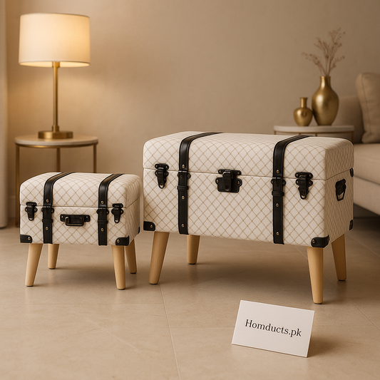 Luxury Trunk-Style Ottoman Set – 2-Pcs Decorative Storage Stools with Wooden Legs