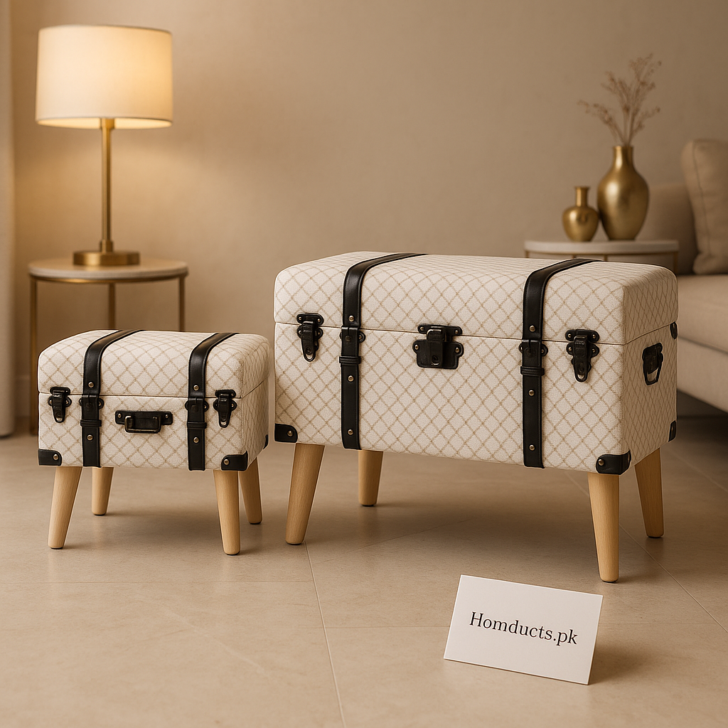Luxury Trunk-Style Ottoman Set – 2-Pcs Decorative Storage Stools with Wooden Legs