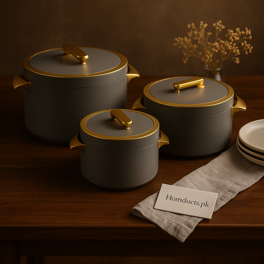 Premium 3-Pcs Insulated Hotpot Set – Grey & Gold | 1000ml, 2000ml, 3500ml