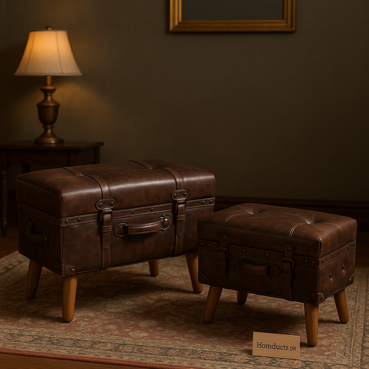 Vintage Leather Suitcase Ottoman Set – 2-Piece Rustic Storage Footstool & Decorative Bench