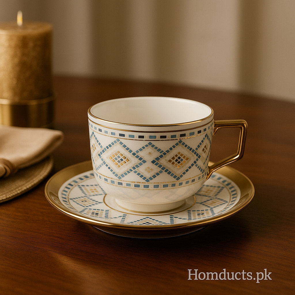 Premium Geometric Gold Rim Tea Cup & Saucer Set – 12 Pcs | Luxury Ceramic Coffee Set