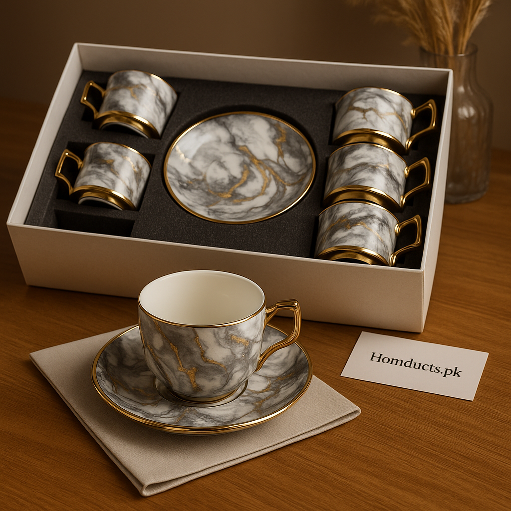Luxury Marble Gold Tea Cup Set – 12 Pcs (6 Cups + 6 Saucers) | Premium Gift Box | Homducts.pk
