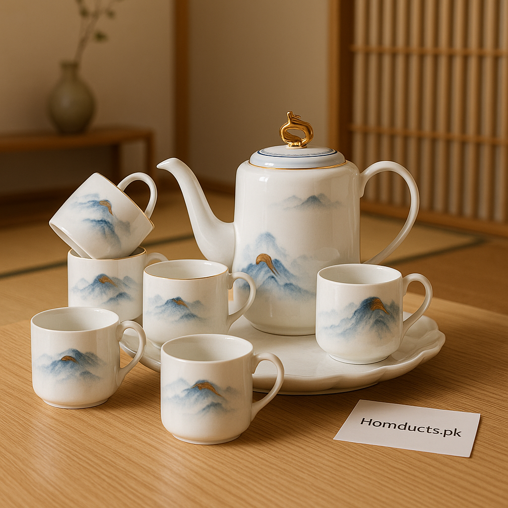Elegant Japanese Porcelain Tea Set – 7 Pcs | Hand-Painted Mountain Design | Premium Teapot with 6 Cups