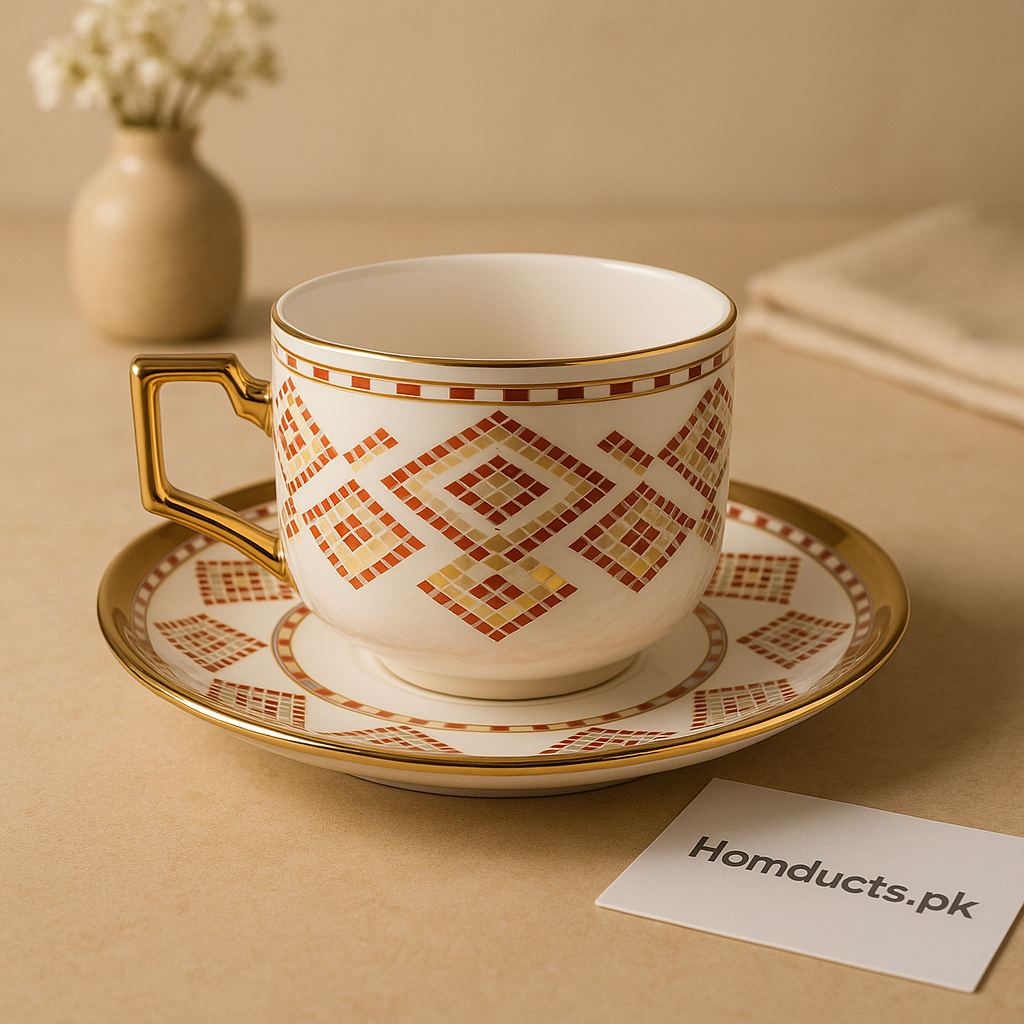 Premium Mosaic Gold-Handle Tea Cup & Saucer Set – 12 Pcs | Luxury 6 Cups + 6 Saucers
