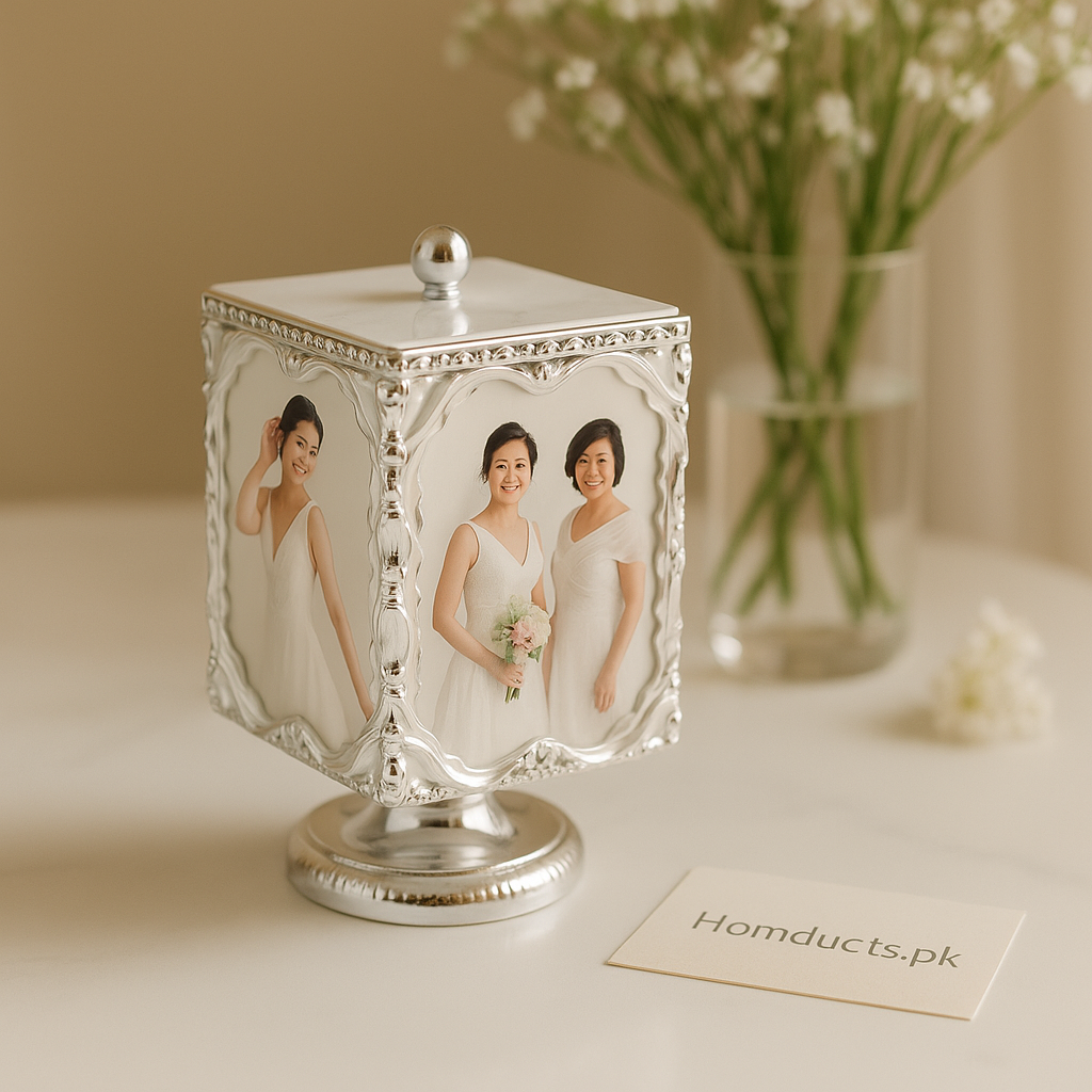 Luxury 4-Sided Rotating Photo Frame Keepsake – Silver Plated Memory Box for Home Decor & Gifts