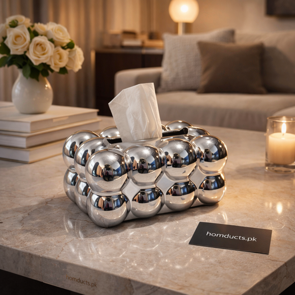 Luxury Chrome Bubble Tissue Box Cover with Decorative Bow