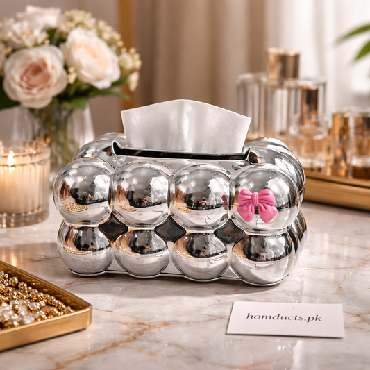Luxury Chrome Bubble Tissue Box Cover with Decorative Bow