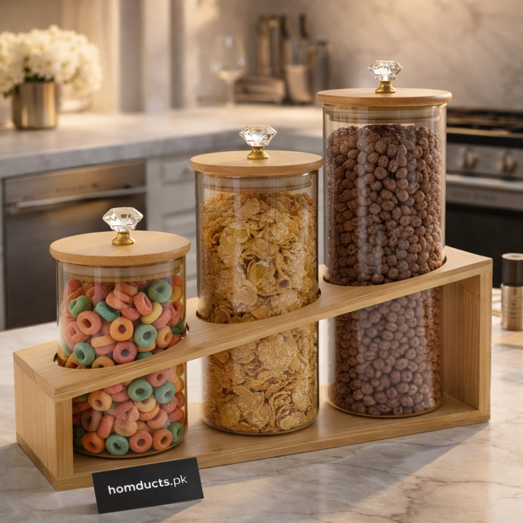 Luxury Glass Kitchen Storage Jars Set with Wooden Stand & Crystal Knobs (3-Piece)