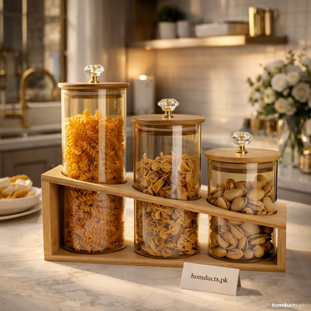 Luxury Glass Kitchen Storage Jars Set with Wooden Stand & Crystal Knobs (3-Piece)