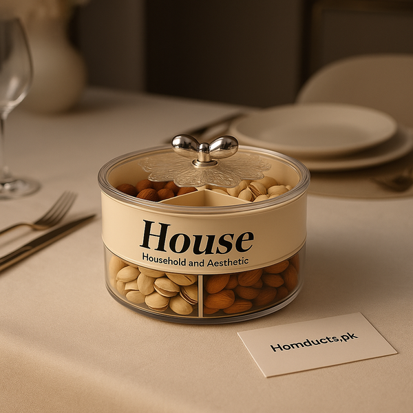 Luxury 4-Grid Dry Fruit & Snack Storage Jar – Premium Round Organizer with Crystal Lid | Homducts.pk