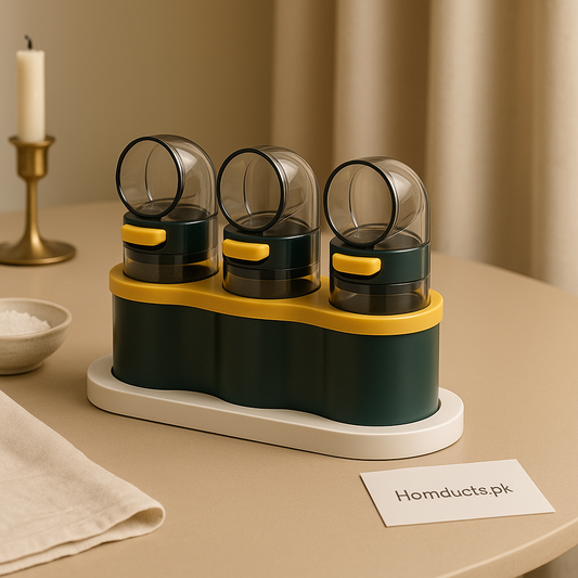 3-in-1 Compact Seasoning Dispenser Set – Rotating Spice Containers with Airtight Lids | Homducts.pk