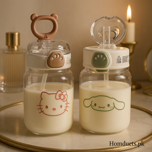 Cute Cartoon Kids Straw Bottle – Leak-Proof Milk & Water Sipper with Flip Lid (Hello Kitty & Cinnamoroll Design) – Homducts.pk