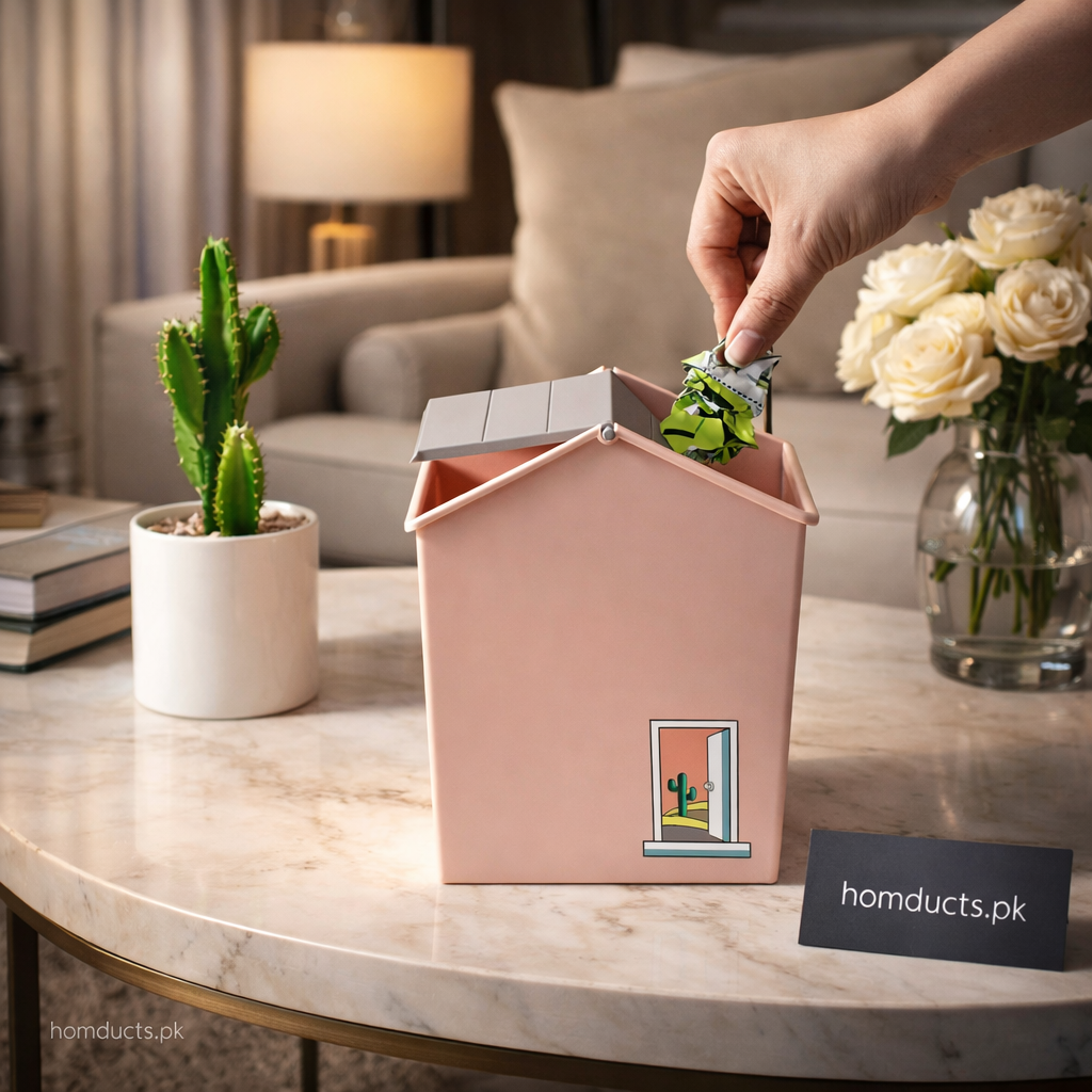 Luxury House-Shaped Swing Lid Mini Trash Bin – Desktop & Tabletop Organizer (1 Pc)