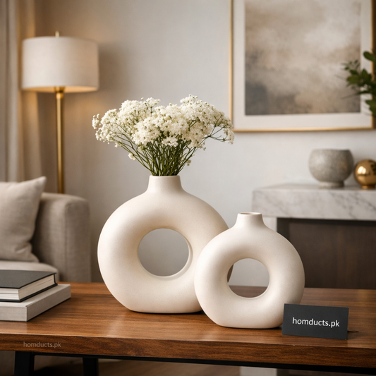Modern Donut Shape Decorative Flower Vase – Minimalist Ceramic Centerpiece for Home & Office Décor
