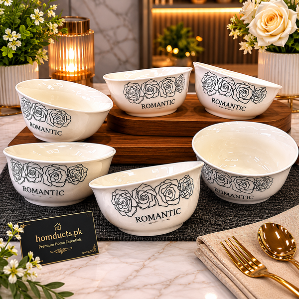 Luxury 6 Pcs Ceramic Romantic Rose Printed Serving Bowl Set with Premium Gift Packaging for Elegant Dining & Kitchen Decor