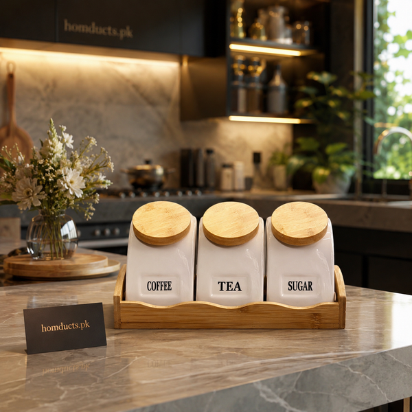 Luxury 3-Piece Ceramic Coffee Tea & Sugar Jar Set with Bamboo Lids & Wooden Stand – Modern Kitchen Counter Organizer Storage Canisters