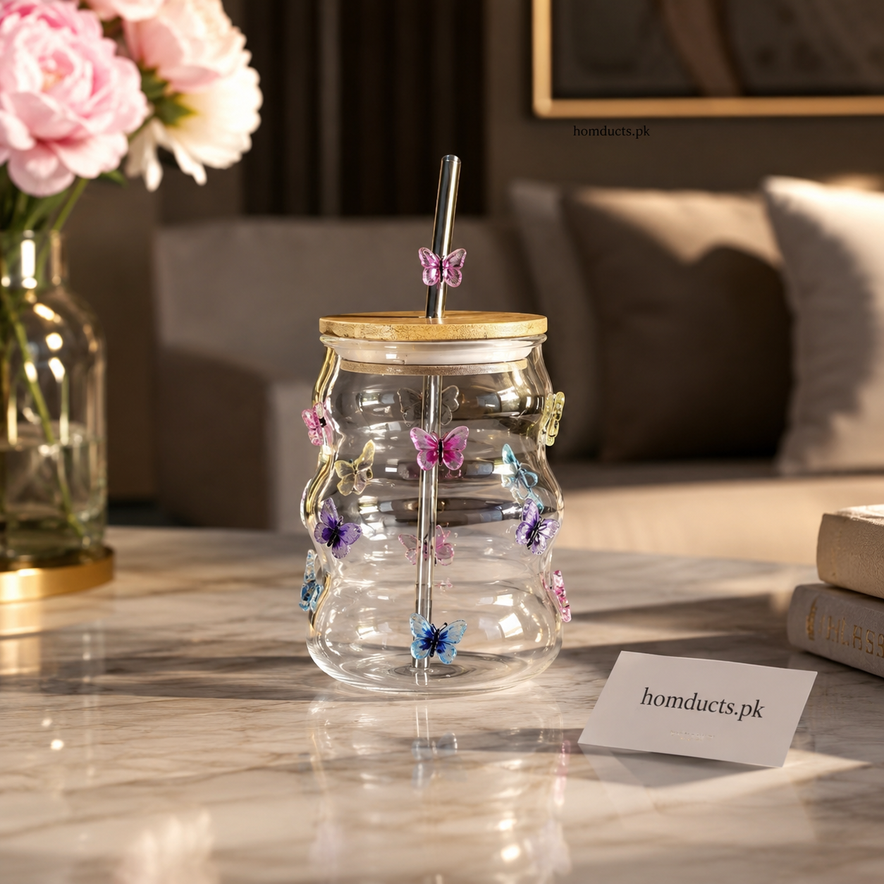 Luxury Butterfly Glass Tumbler With Bamboo Lid & Reusable Straw – Aesthetic 450ml Drinking Glass for Iced Coffee, Juice & Matcha