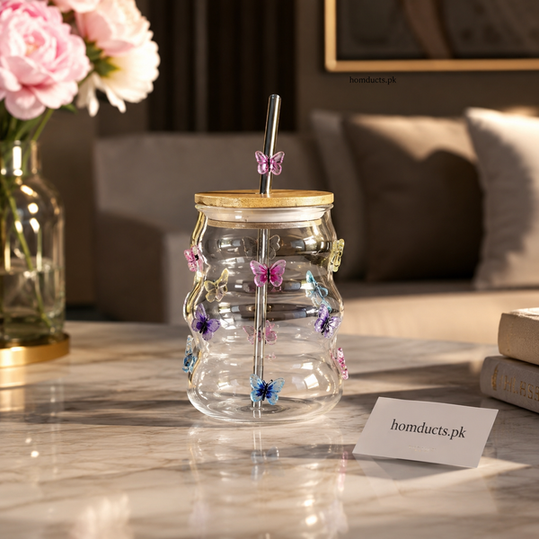 Luxury Butterfly Glass Tumbler With Bamboo Lid & Reusable Straw – Aesthetic 450ml Drinking Glass for Iced Coffee, Juice & Matcha