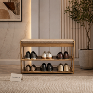 Luxury Modern Wooden Shoe Rack Bench with Cushioned Seating & Storage Shelves