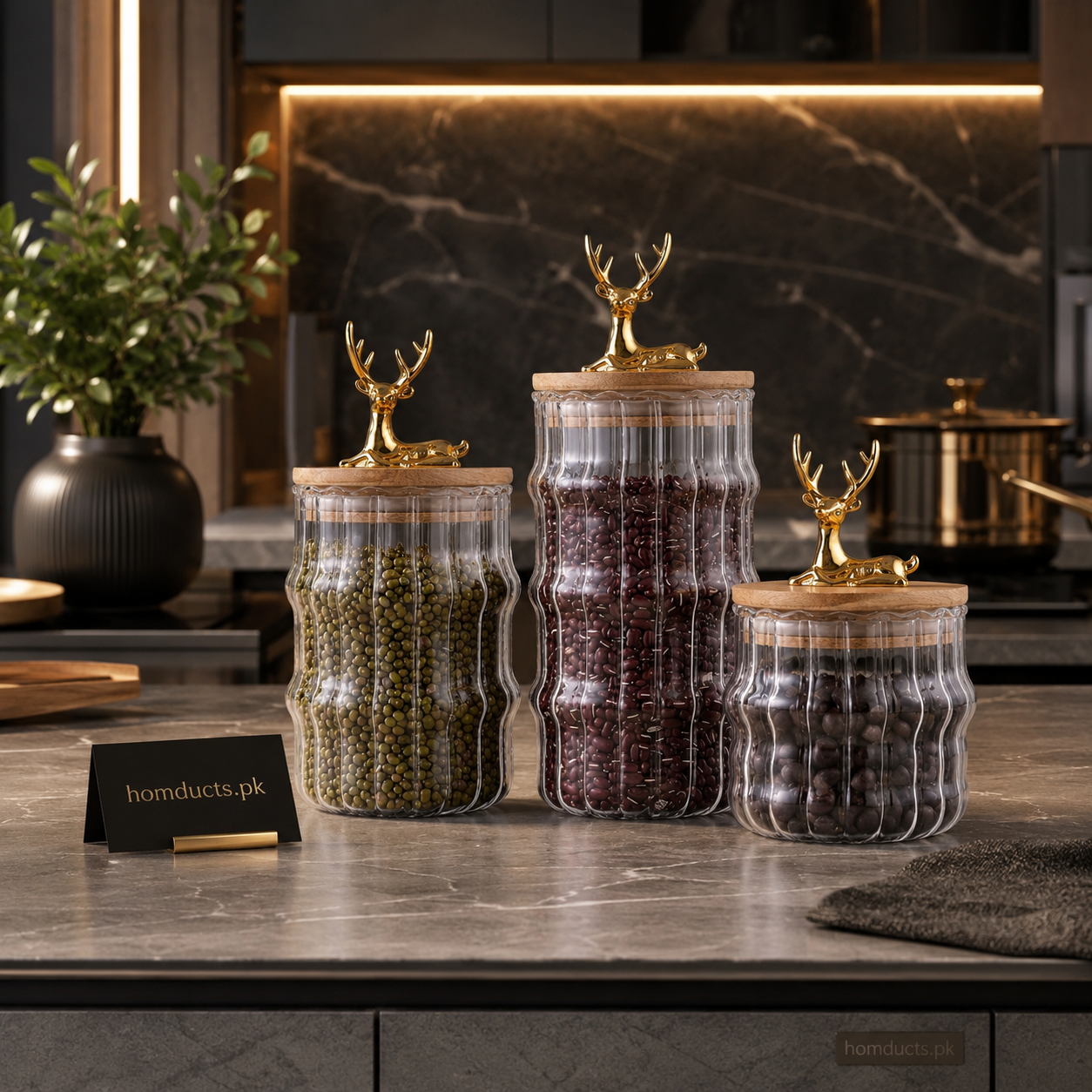 Luxury Ribbed Glass Storage Jar Set with Golden Deer Lid Handles – Premium Airtight Kitchen Organizer Canisters Set of 3