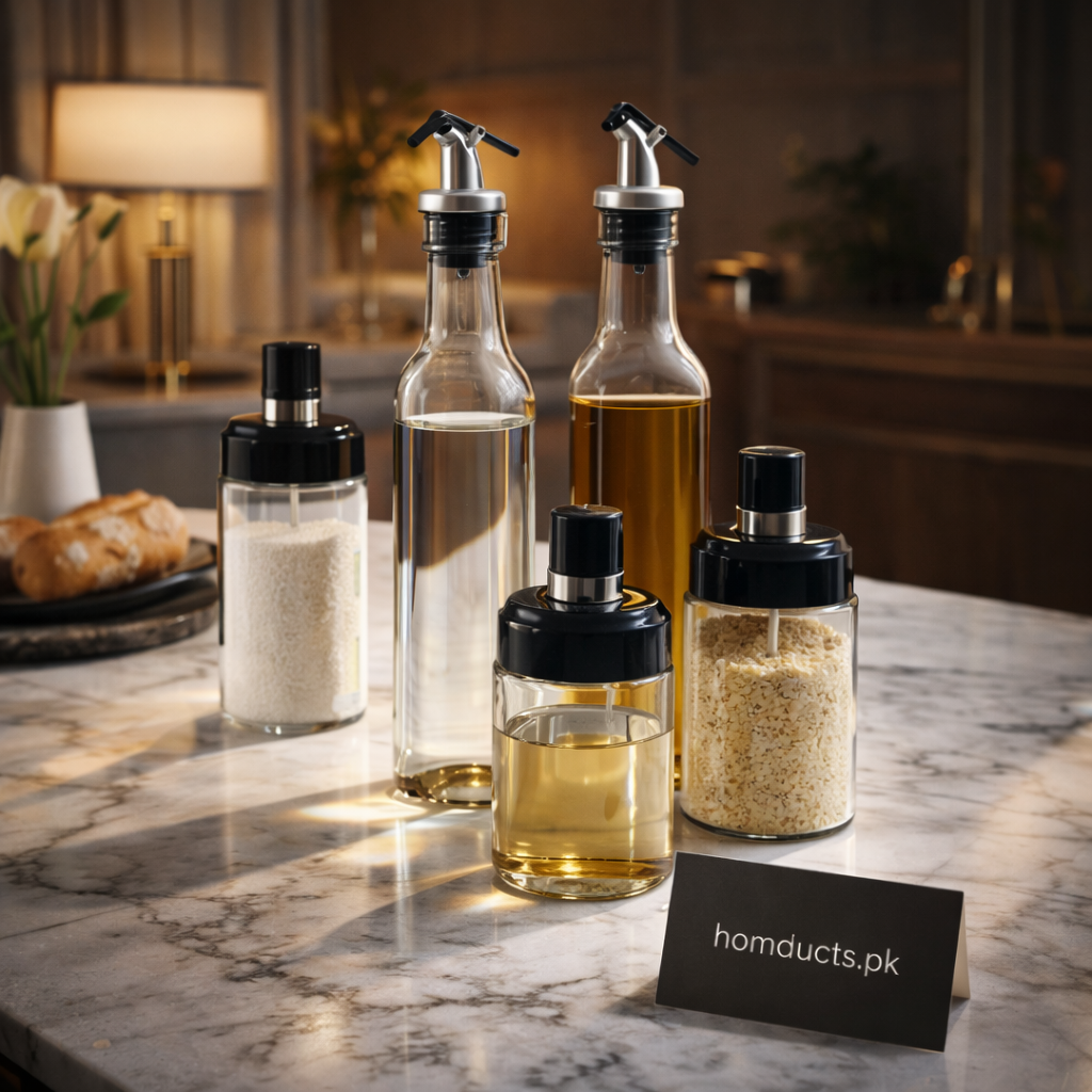 Premium Glass Oil & Seasoning Dispenser Set – 5 Pcs | Oil Bottle + Salt & Spice Jars | Kitchen Countertop Storage Set