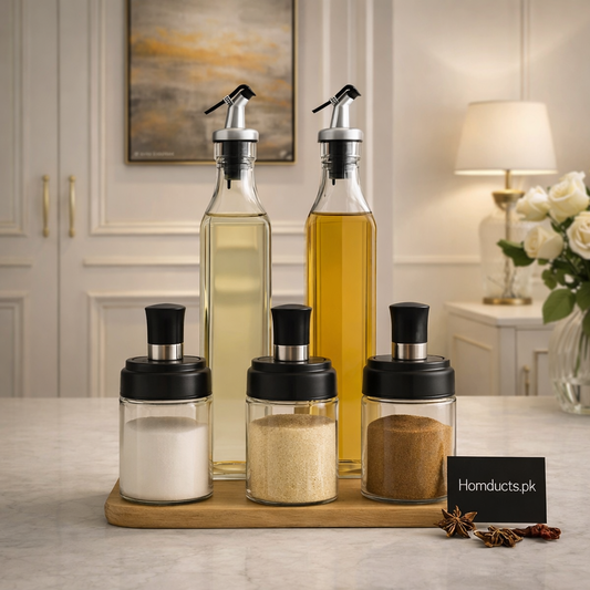 Premium Glass Oil & Seasoning Dispenser Set – 5 Pcs | Oil Bottle + Salt & Spice Jars | Kitchen Countertop Storage Set