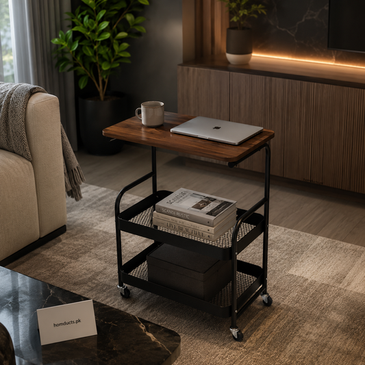 Luxury Rolling Side Table With Storage Shelves – Modern Multi-Purpose Utility Cart For Living Room Bedroom Office