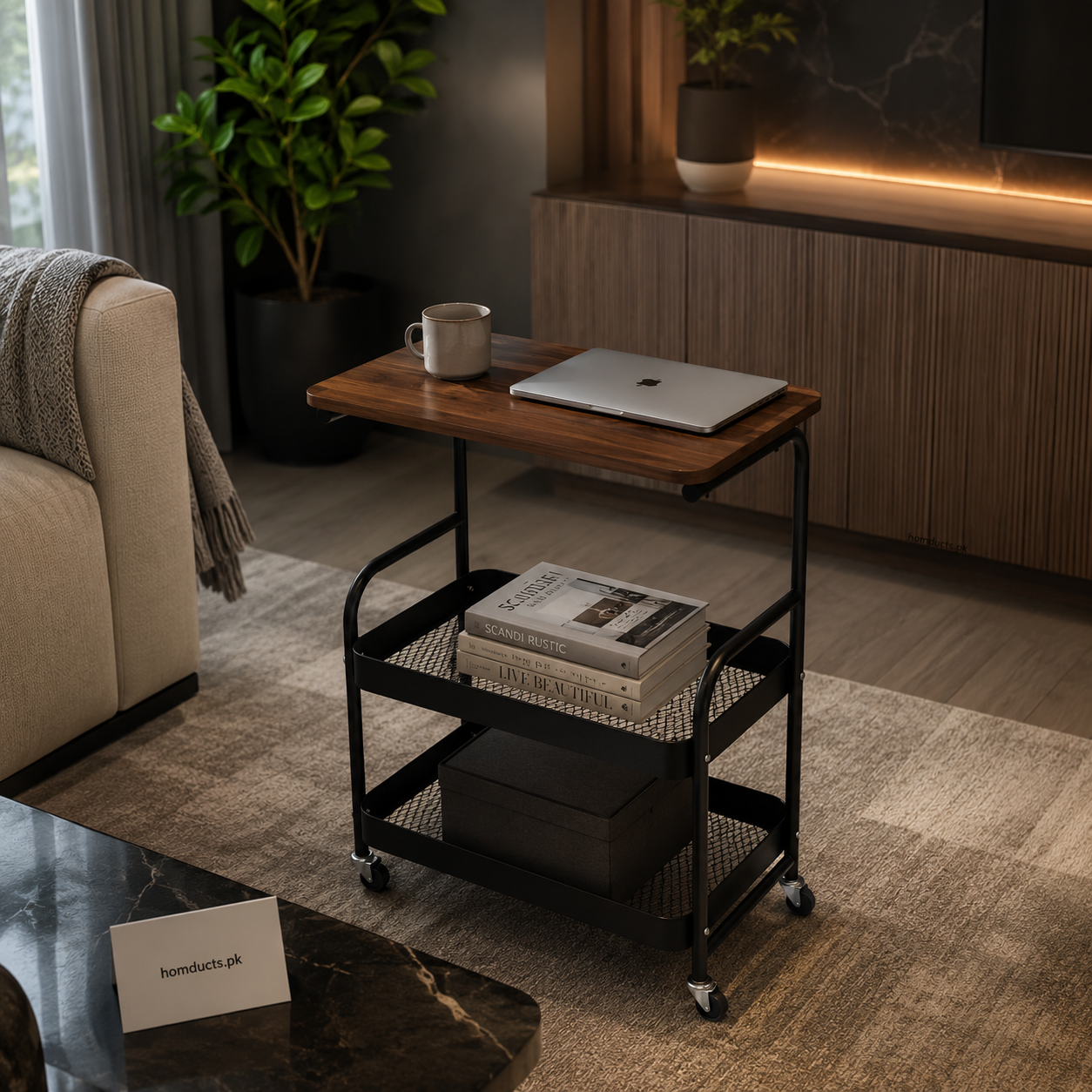 Luxury Rolling Side Table With Storage Shelves & Wheels – Modern Multi-Purpose Utility Cart For Living Room Bedroom Office