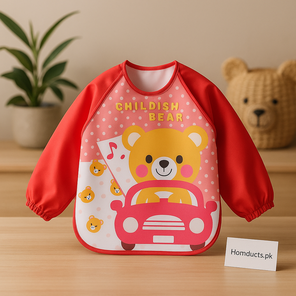 Kids Full-Sleeve Waterproof Feeding Bib – Cute Bear Car Design | Baby Eating & Painting Apron