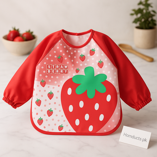 Strawberry Waterproof Long Sleeve Feeding Bib for Babies & Toddlers – Full Coverage, Easy-Clean Apron