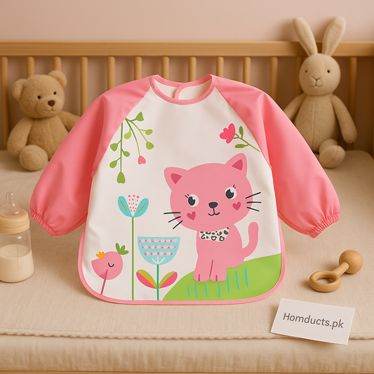 Cute Pink Cat Waterproof Feeding Bib with Long Sleeves – Mess-Free Apron for Babies & Toddlers