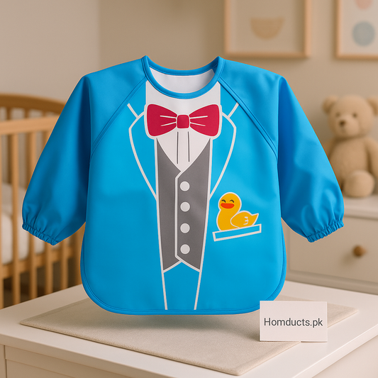Premium Waterproof Long-Sleeve Baby Feeding Bib – Full Coverage Apron with Cute Tuxedo Design