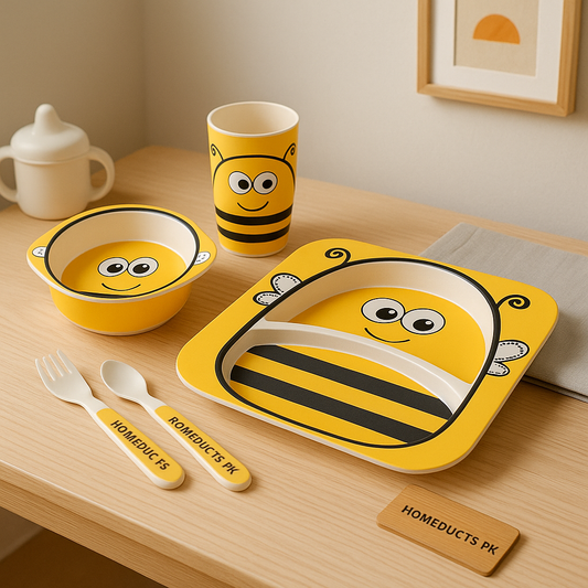 Bee-Themed Kids Bamboo Dinner Set – 5-Piece Eco-Friendly Feeding Set for Toddlers | Homducts.pk