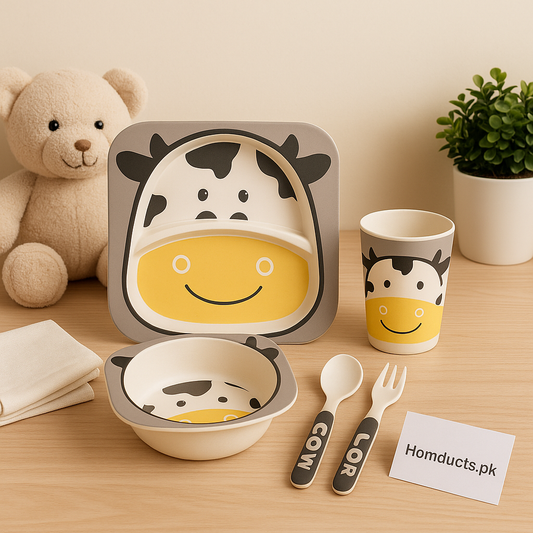 Cute Cow 5-Piece Kids Dinner Set – Eco-Friendly Bamboo Fiber Feeding Set for Toddlers | Homducts.pk
