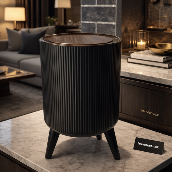 Modern Ribbed Dustbin with Wooden Lid & Tripod Legs