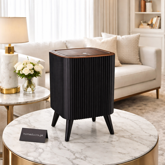 Modern Nordic Fluted Dustbin with Wooden Flip Lid & Elevated Legs