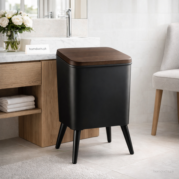 Premium Nordic Wooden Lid Pedal Dustbin with Elevated Legs – Modern Odor-Sealed Trash Can