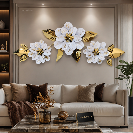 Luxury 3-Piece Golden Floral Metal Wall Art Decor for Living Room & Bedroom Elegant Modern Wall Hanging Set