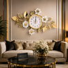 Luxury Floral Metal Wall Clock with Golden Leaf Design for Living Room & Modern Home Décor