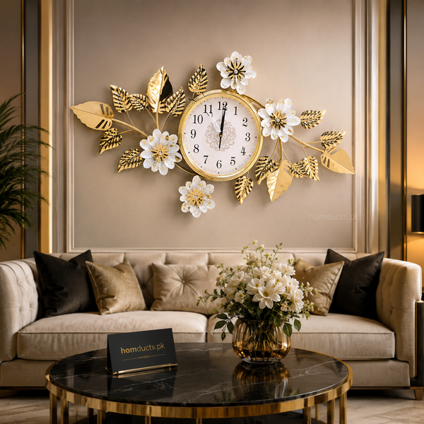 Luxury Floral Metal Wall Clock with Golden Leaf Design for Living Room & Modern Home Décor