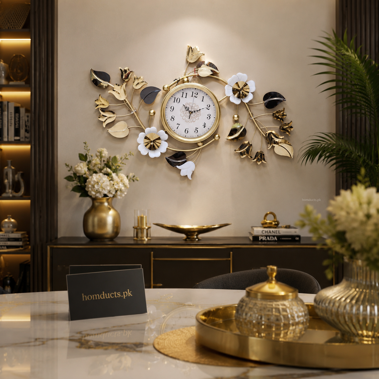 Luxury Floral Metal Wall Clock for Living Room Décor – Premium Modern Decorative Wall Art Clock with Gold Leaves & Elegant Flower Design