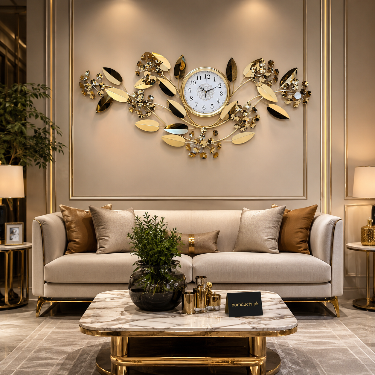 Luxury Golden Floral Wall Clock Art Decor with Crystal Leaf Design for Living Room & Bedroom